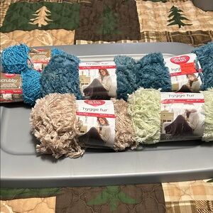 Red Heart Hygge Fur Yarn Bundle - Blue, Green, Tan